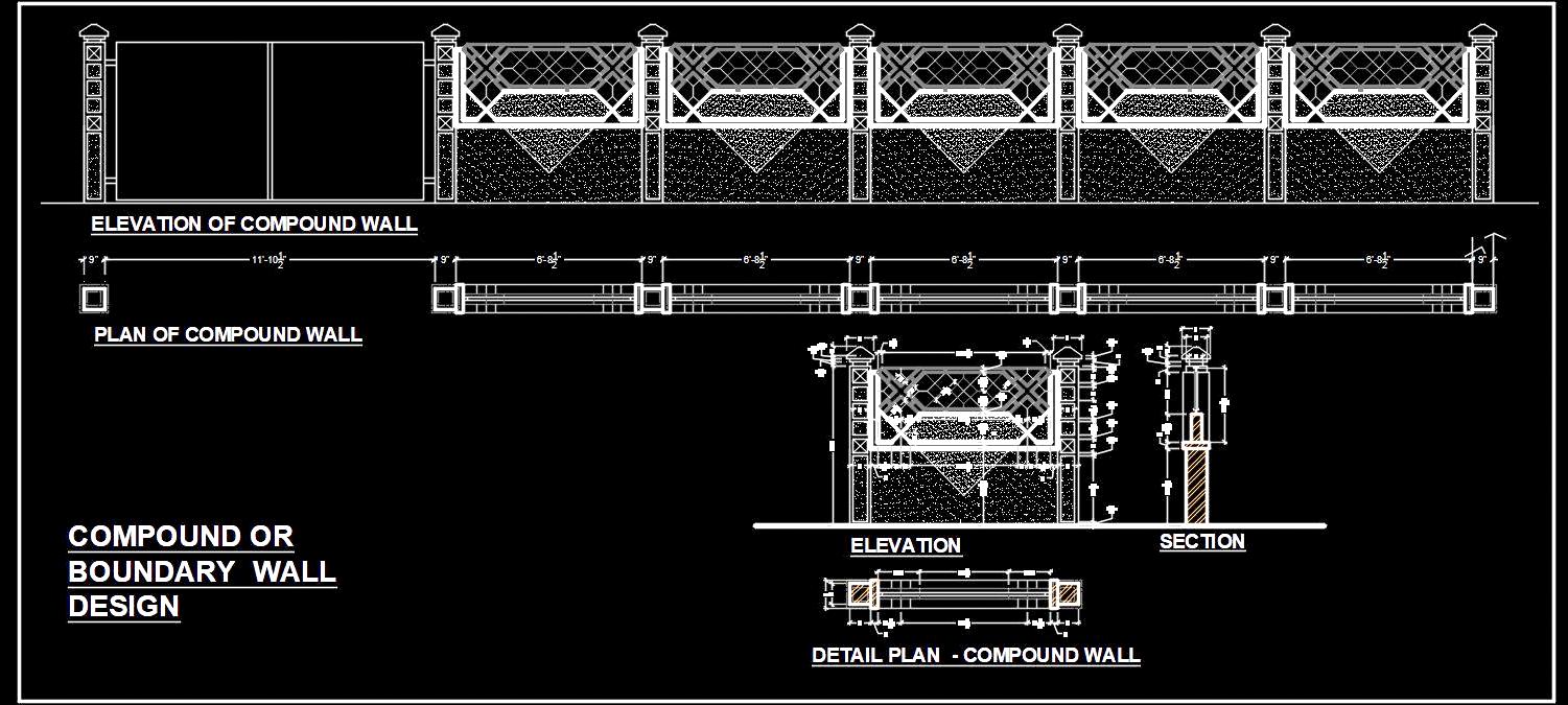 Boundary Wall Design CAD File- Brick and Grill Design